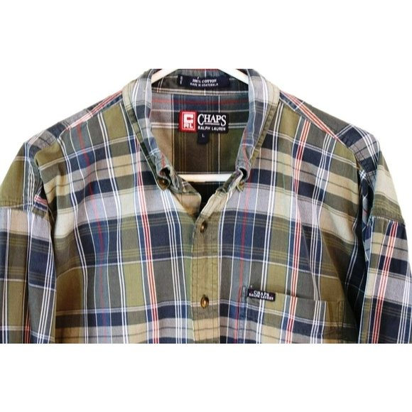 Chaps Ralph Lauren Plaid Shirt Blue Green Long Sleeve Button Front Large Cotton - Picture 3 of 10